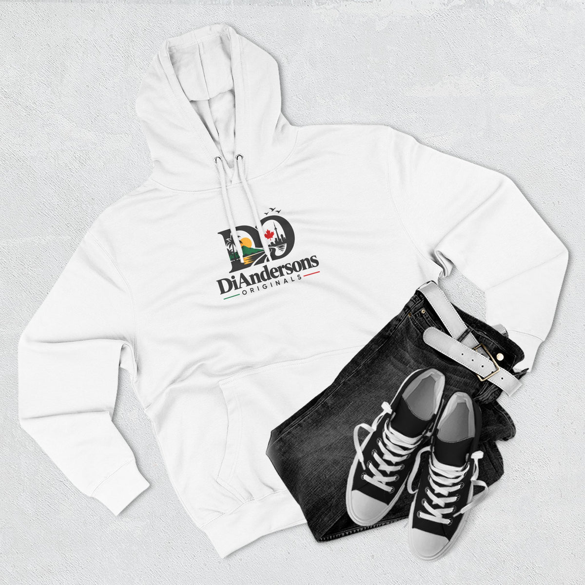 DiAndersons Logo Hoodie - White Fleece Pullover with Floral 'DA' Design